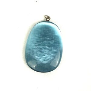 Blue Cat’s Eye Stone Pendant | Oval Shimmer Gem Pendant | Vintage Silver Tone Je